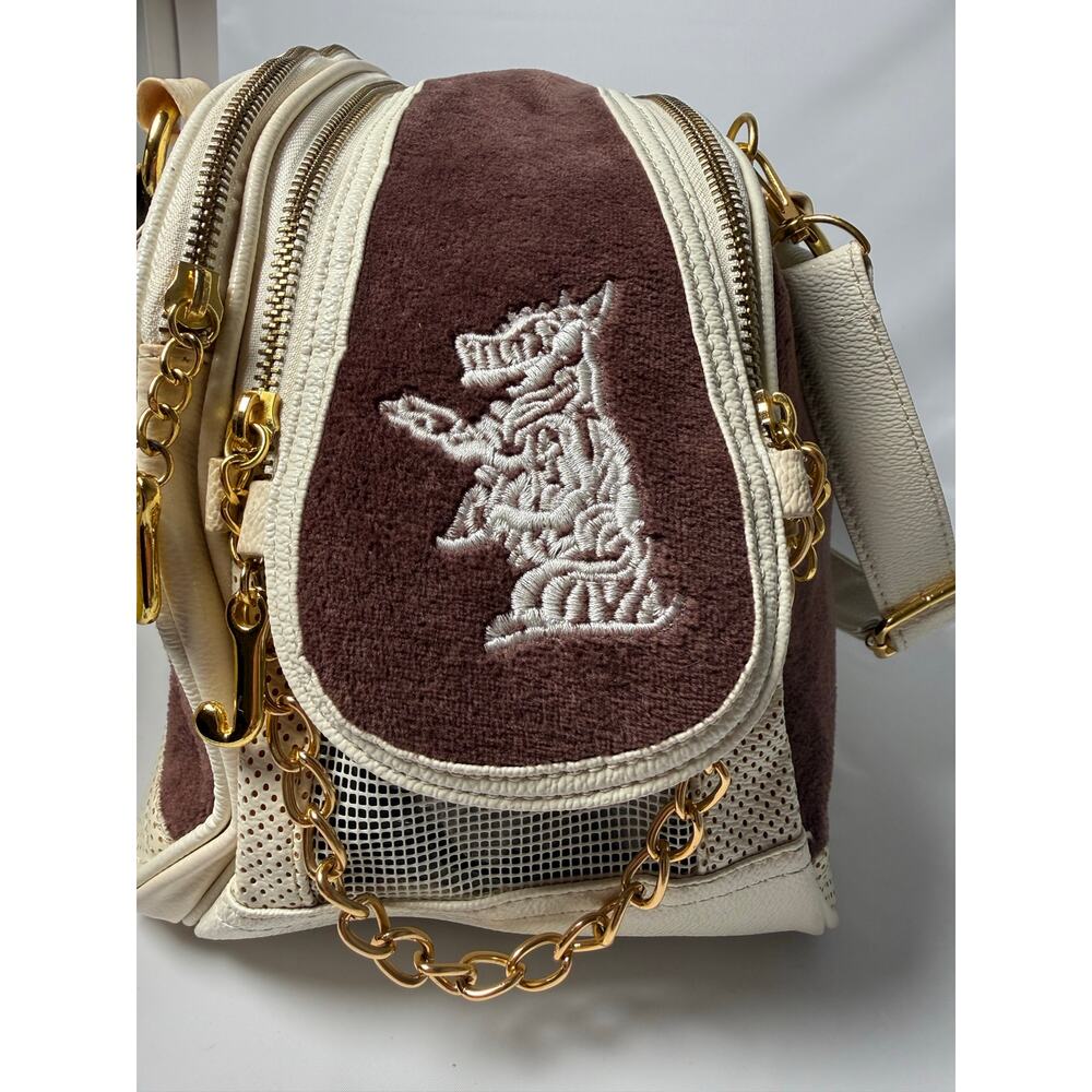 Juicy Couture Y2K Velour Bowler Satchel Bag Brown Cream Gold Womens Shoulder - Picture 7 of 16